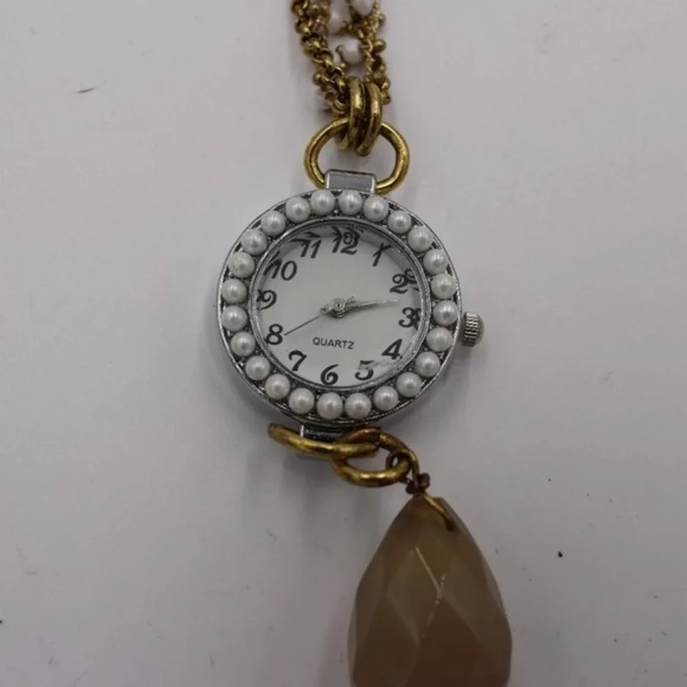 Anthropologie Bronze Tone & Pearl Accent Watch Necklace